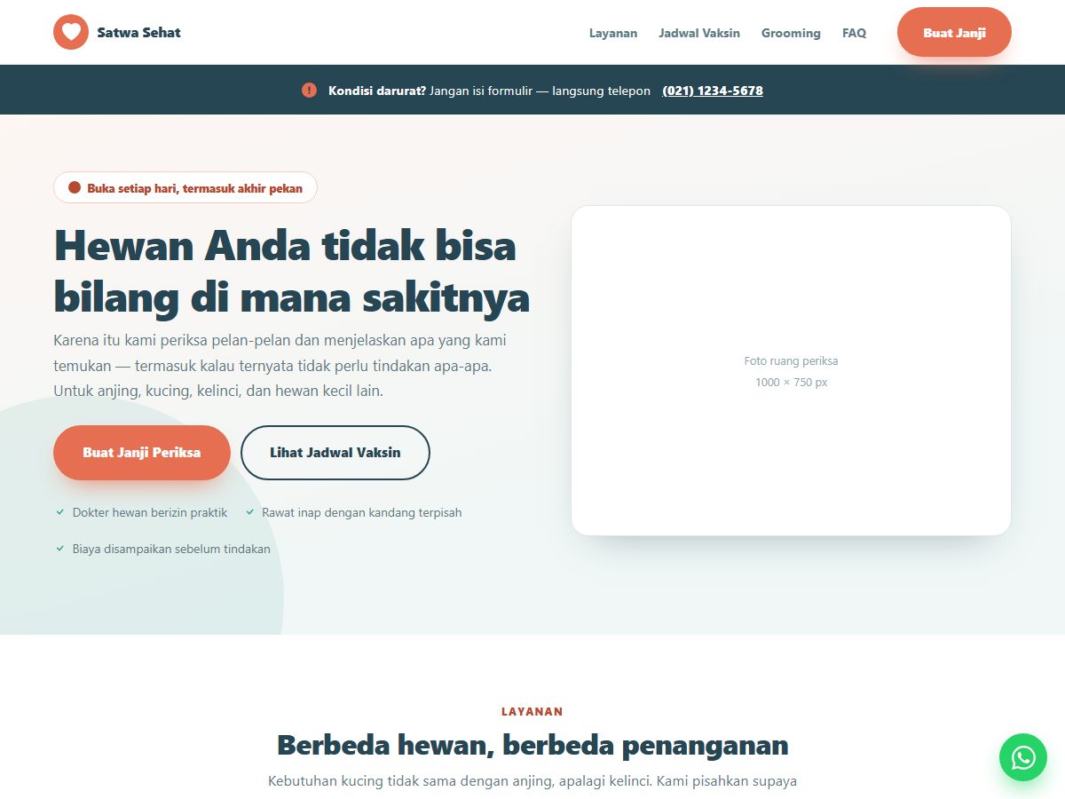 Tampilan halaman Klinik Hewan Satwa Sehat
