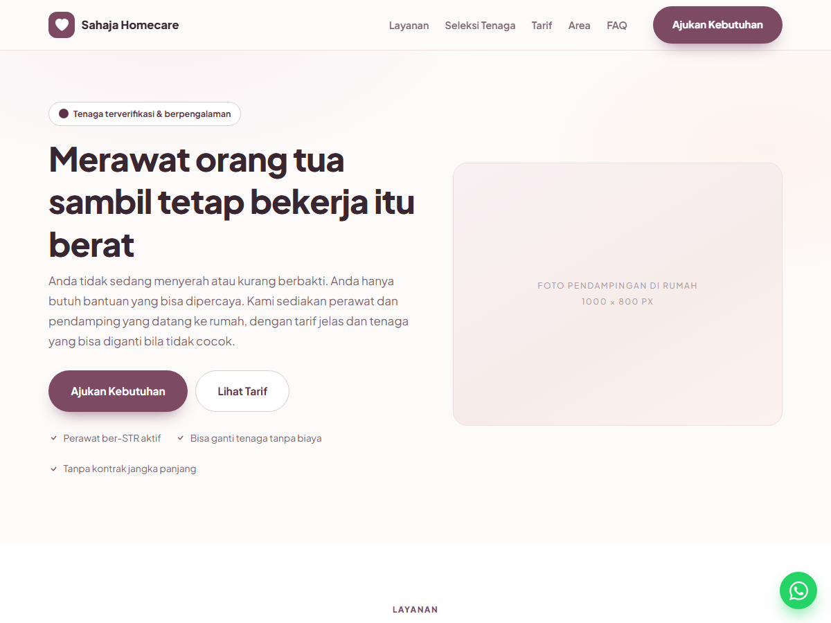 Tampilan halaman Sahaja Homecare
