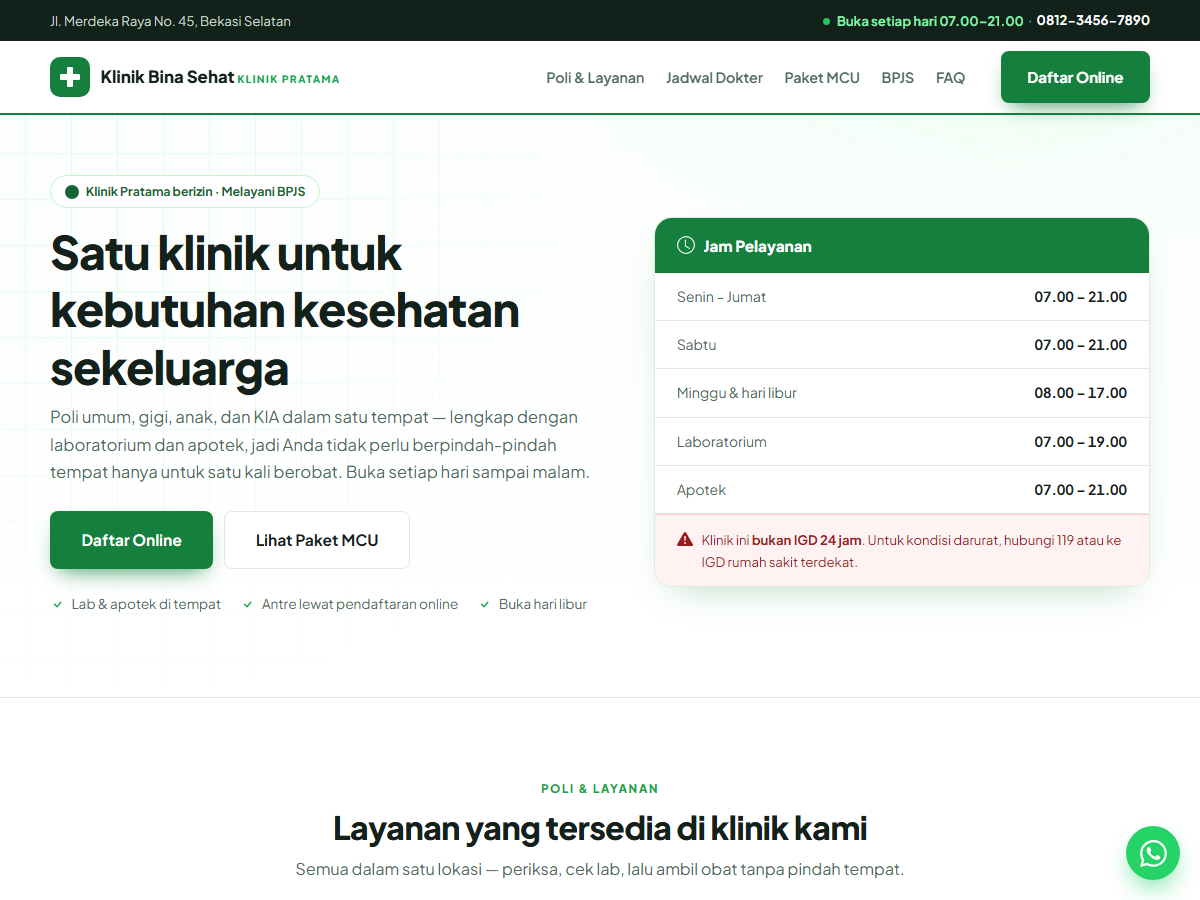 Tampilan halaman Klinik Bina Sehat
