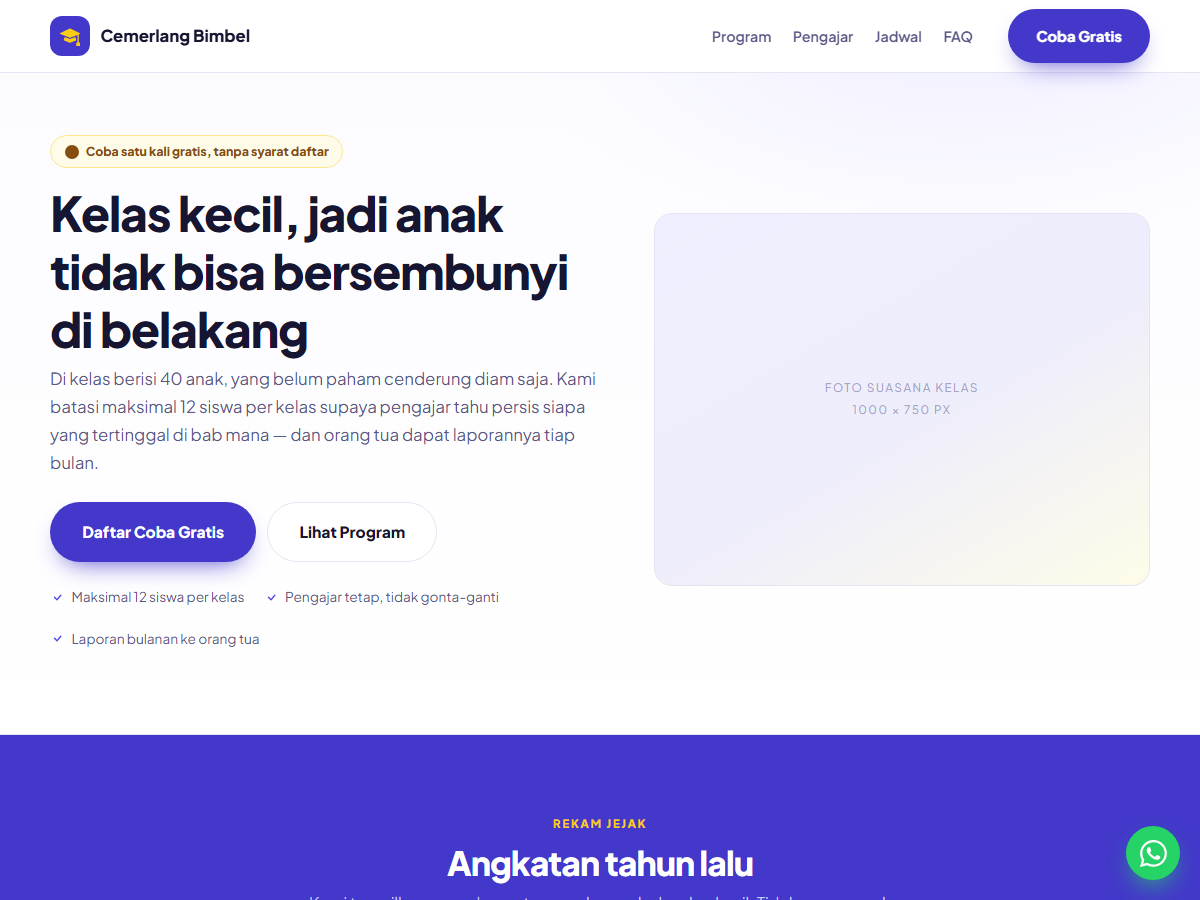 Tampilan halaman Cemerlang Bimbel