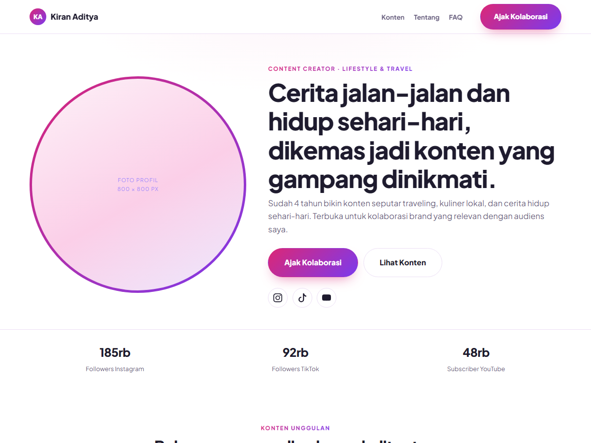 Tampilan halaman Kiran Aditya